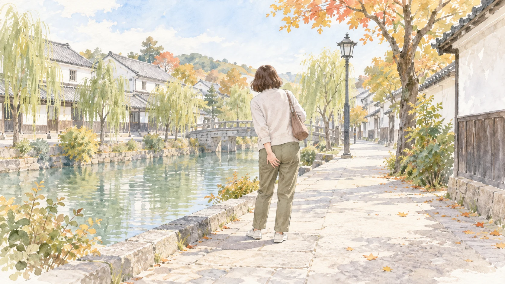 秋の倉敷美観地区で町歩きの途中に立ち止まり、お尻から太ももの裏へ手を添える方の後ろ姿の淡い水彩イラスト