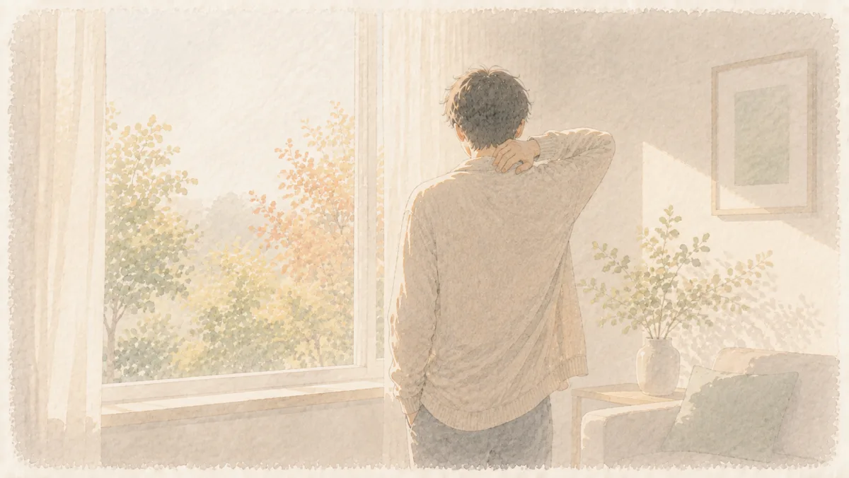九月の朝、窓辺で薄手の羽織りものを肩にかけて首すじにそっと手をあてている方の後ろ姿の水彩イラスト