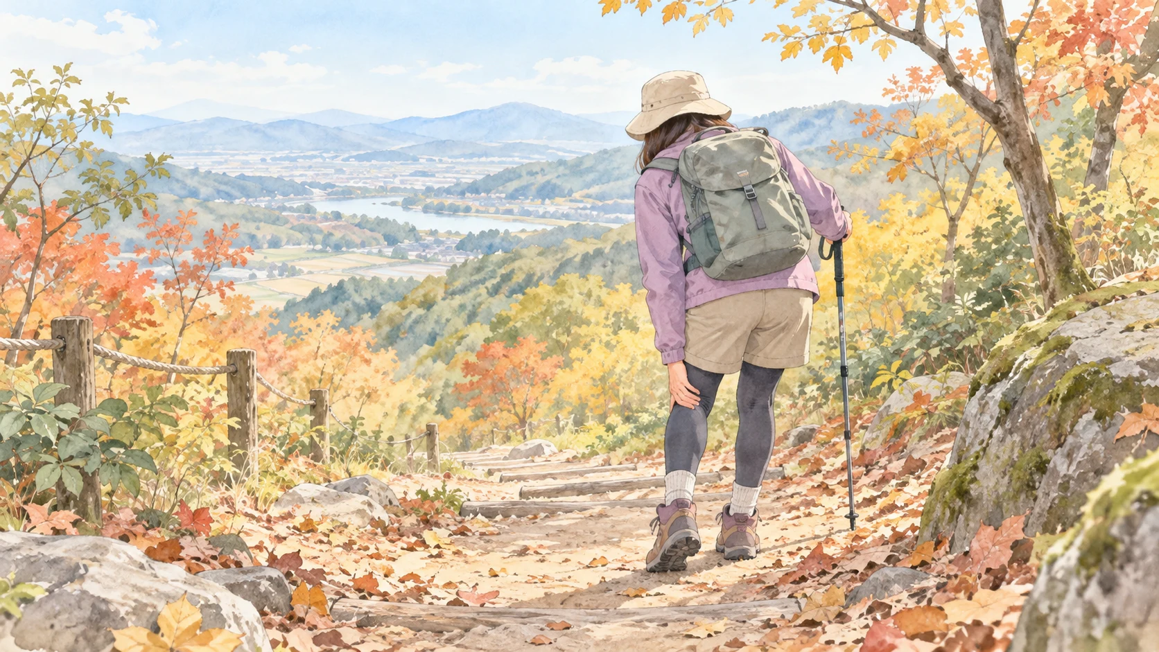 秋の山道の下り坂で立ち止まり、ふくらはぎに手を添える方の後ろ姿の水彩イラスト