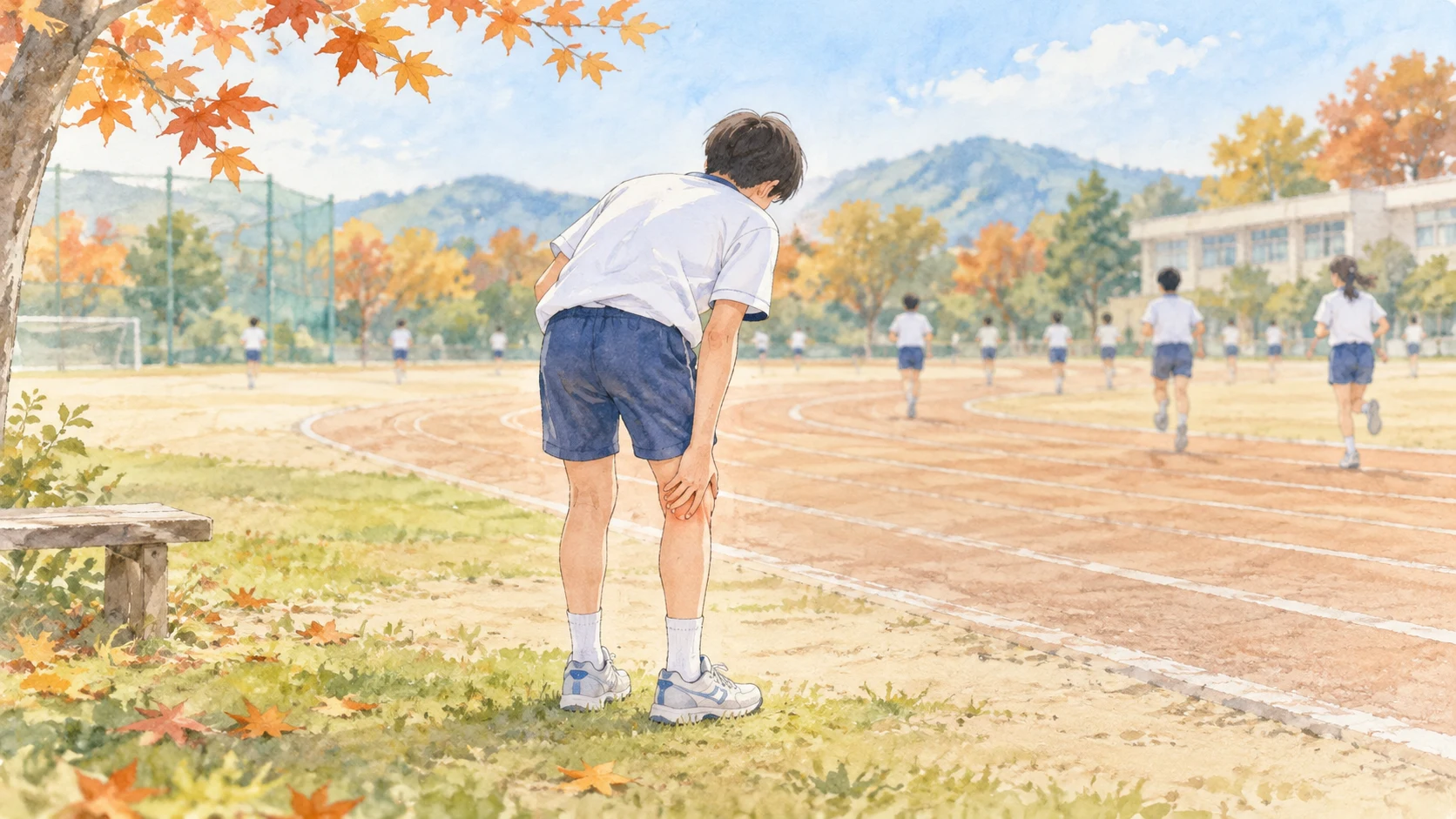 秋の校庭で持久走練習の途中に立ち止まり、膝のお皿の下へ手を添える生徒の後ろ姿の淡い水彩イラスト