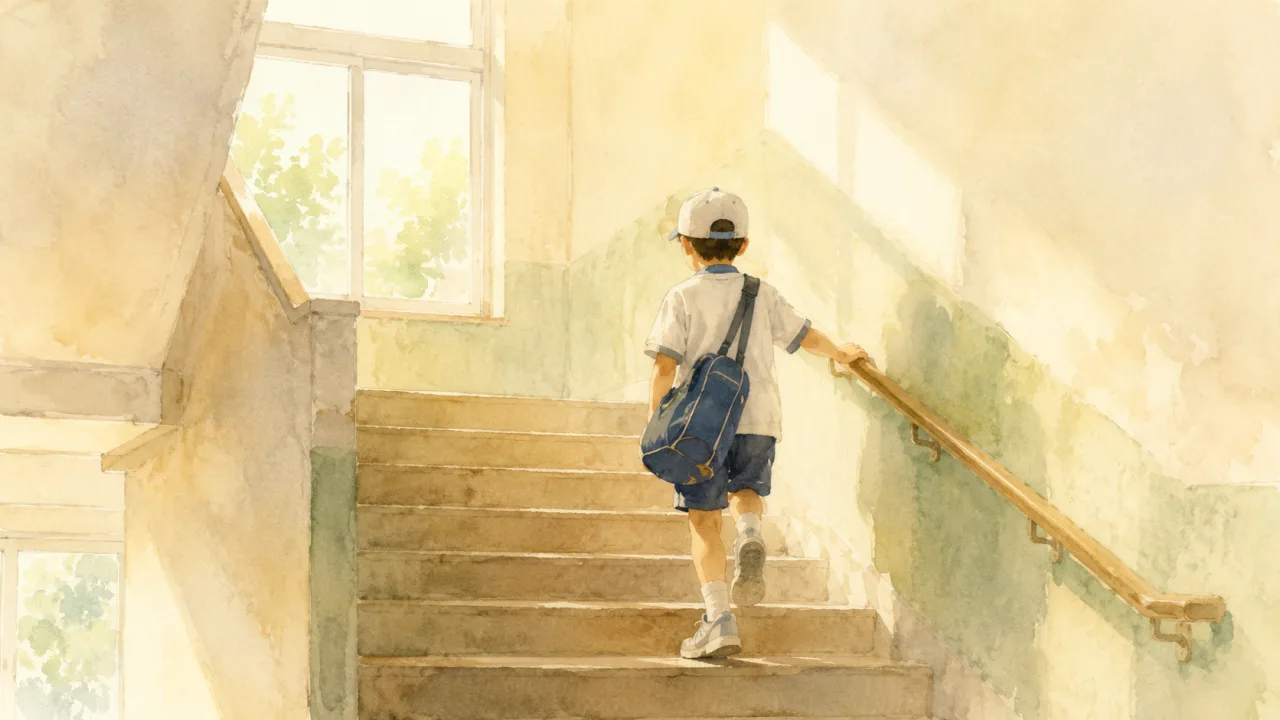 階段の手すりに手をそえて一段ずつ上がっていく小学生の後ろ姿の水彩イラスト