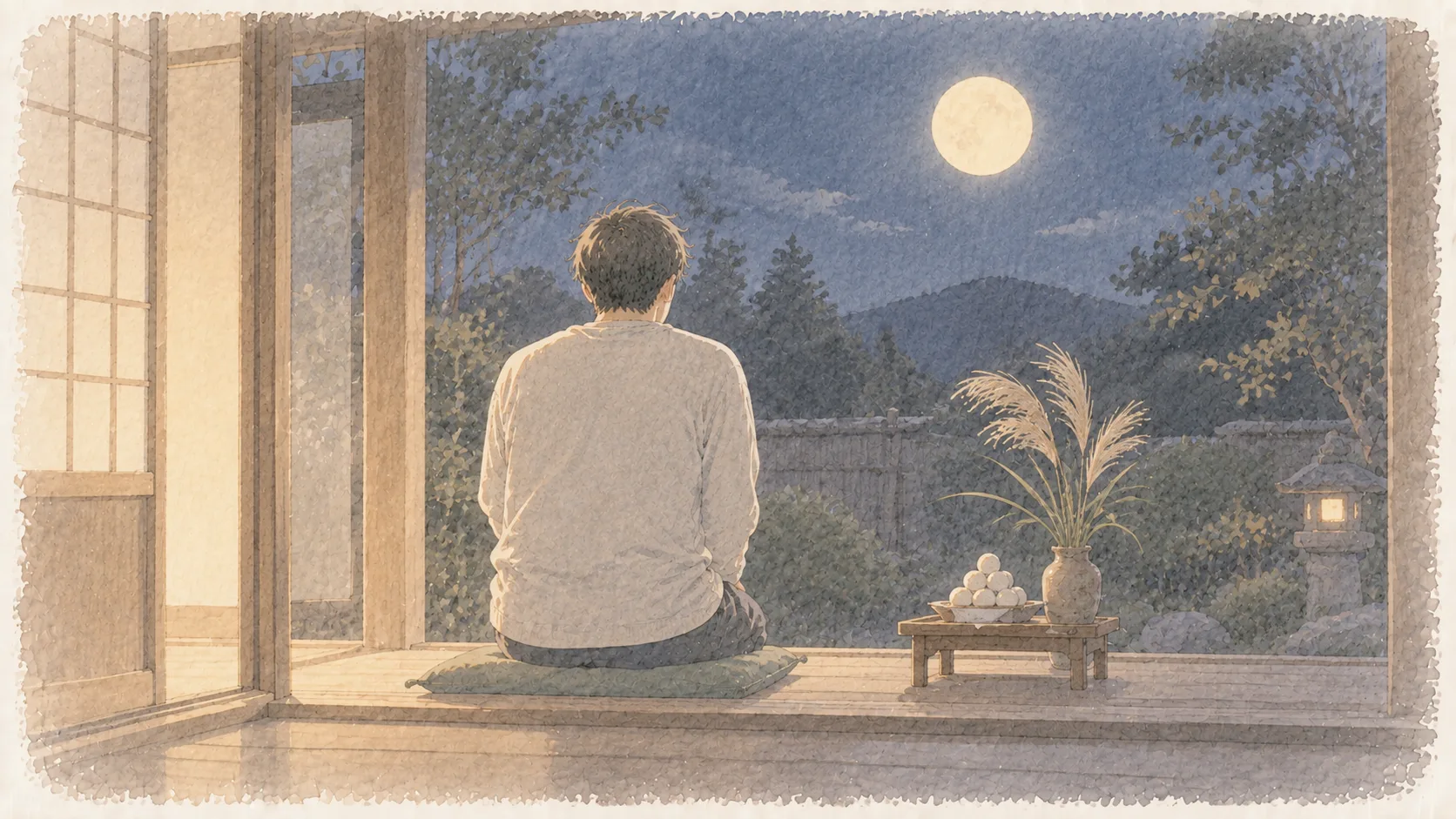 夜、縁側に座布団を敷いて正座をし、月見団子とすすきの脇で夜空を見上げている方の後ろ姿の水彩イラスト