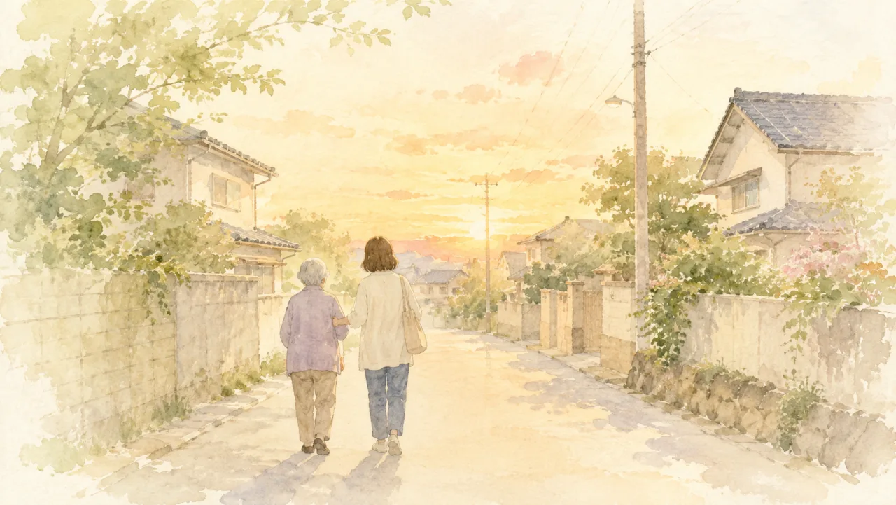 夕方の道を、年配の方に寄り添いながら並んでゆっくり歩いていくご家族の後ろ姿の水彩イラスト