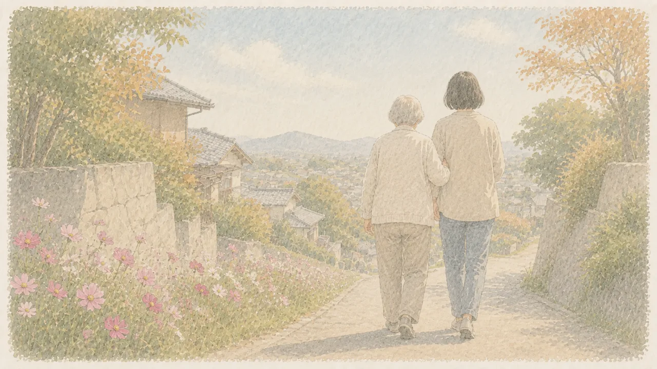 秋の日ざしの中、住宅街のゆるやかな道を、年配の方と付き添う家族がゆっくり並んで歩いている後ろ姿の水彩イラスト