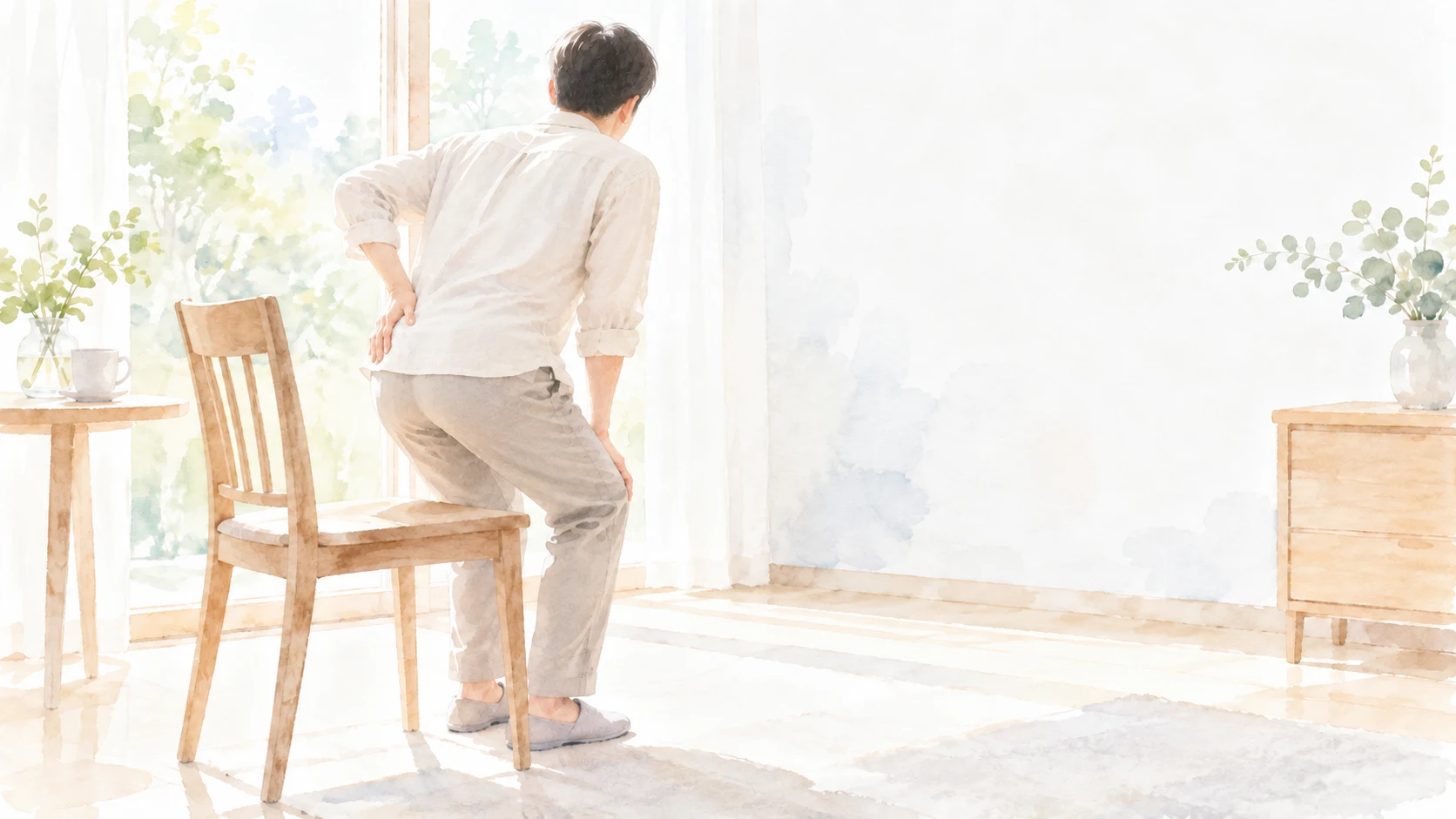 椅子から立ち上がる男性の後ろ姿を描いた水彩イラスト