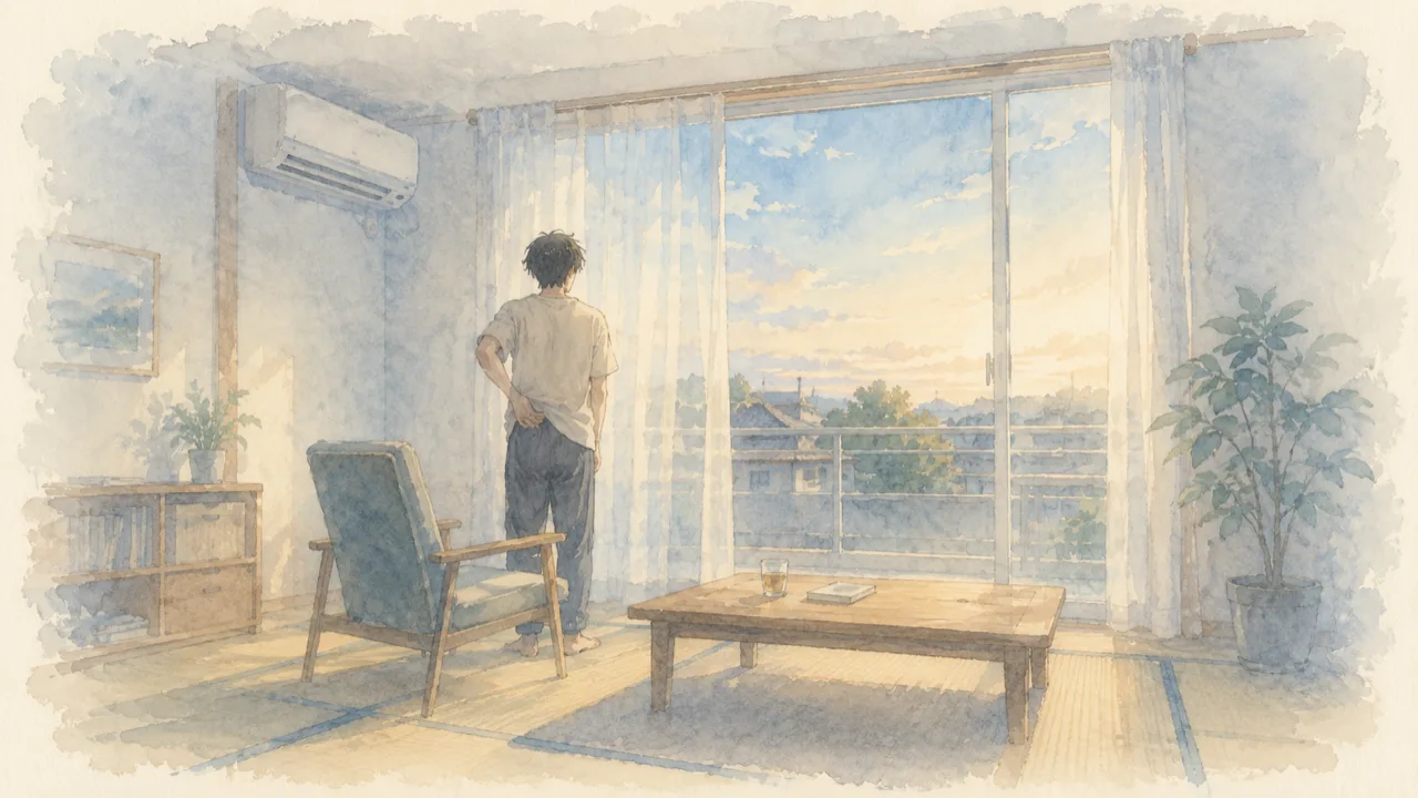 夕方の窓辺で、椅子から立ち上がって腰に手をあてている人の後ろ姿の水彩イラスト