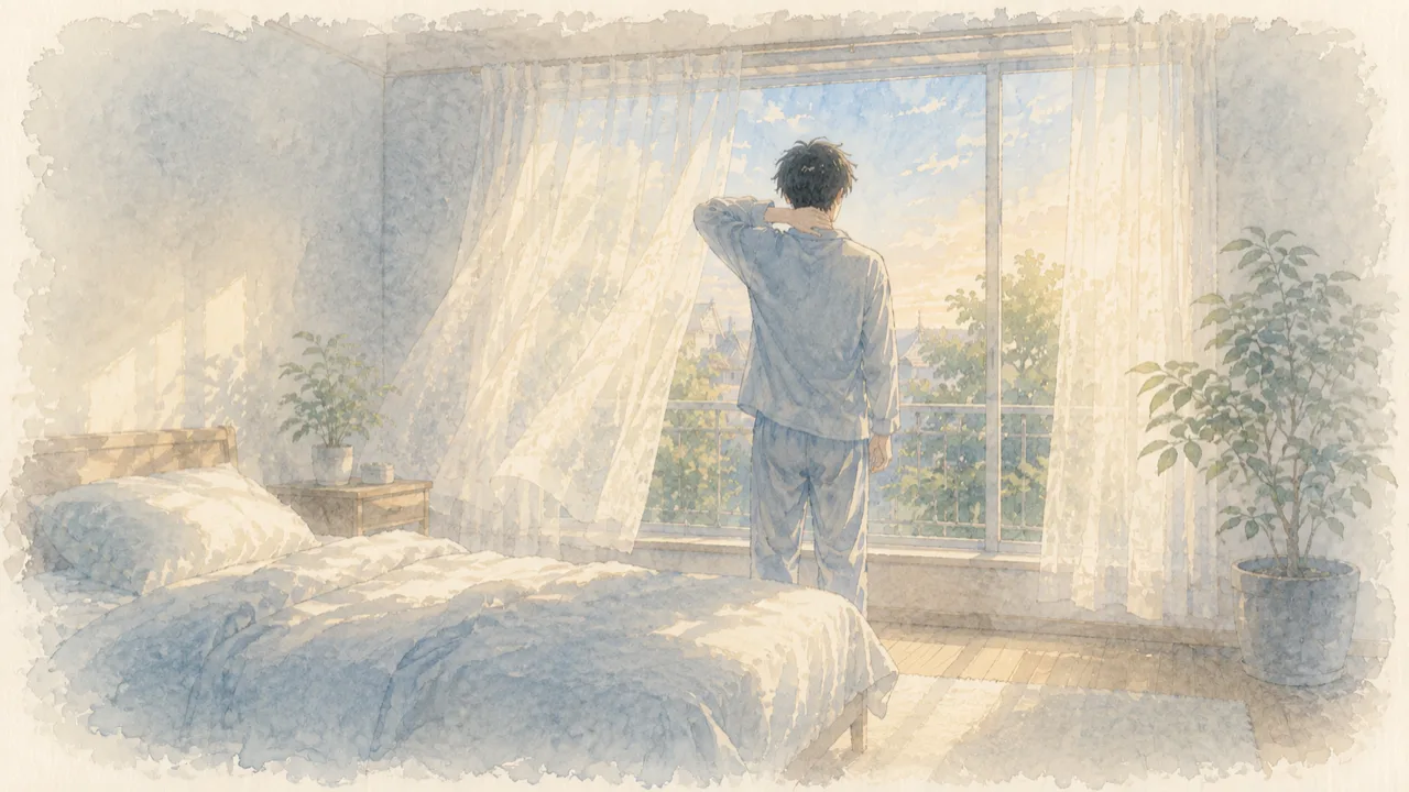 夏の終わりの朝、寝室の窓辺で首の後ろに手をあてている人の後ろ姿の水彩イラスト