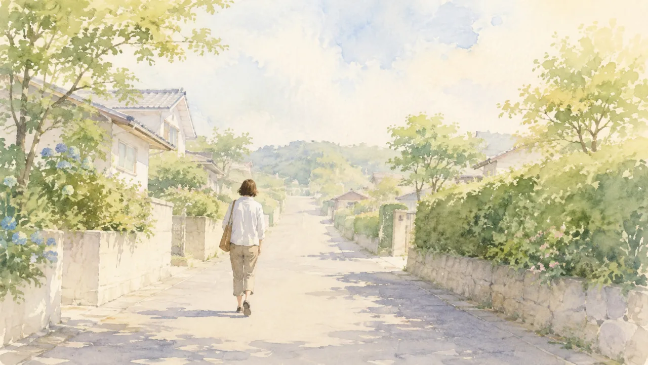 夏の朝の静かな住宅街の道を、ひとりでゆっくり歩いていく方の後ろ姿の水彩イラスト