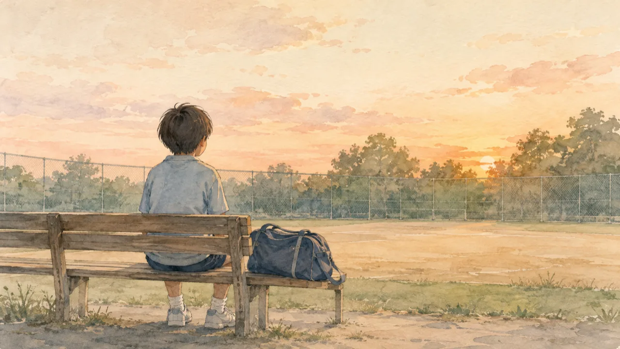 夕方のグラウンドのわきのベンチに、スポーツバッグを置いて座っている子どもの後ろ姿の水彩イラスト