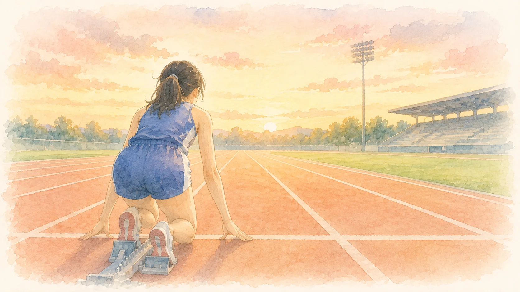 夕方の陸上トラックでスタートラインに立つランナーの後ろ姿の水彩イラスト