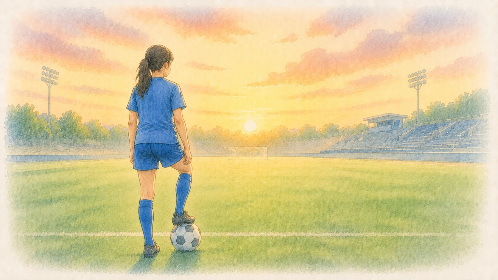 夕方のサッカーグラウンドでボールを前に立つ選手の後ろ姿の水彩イラスト