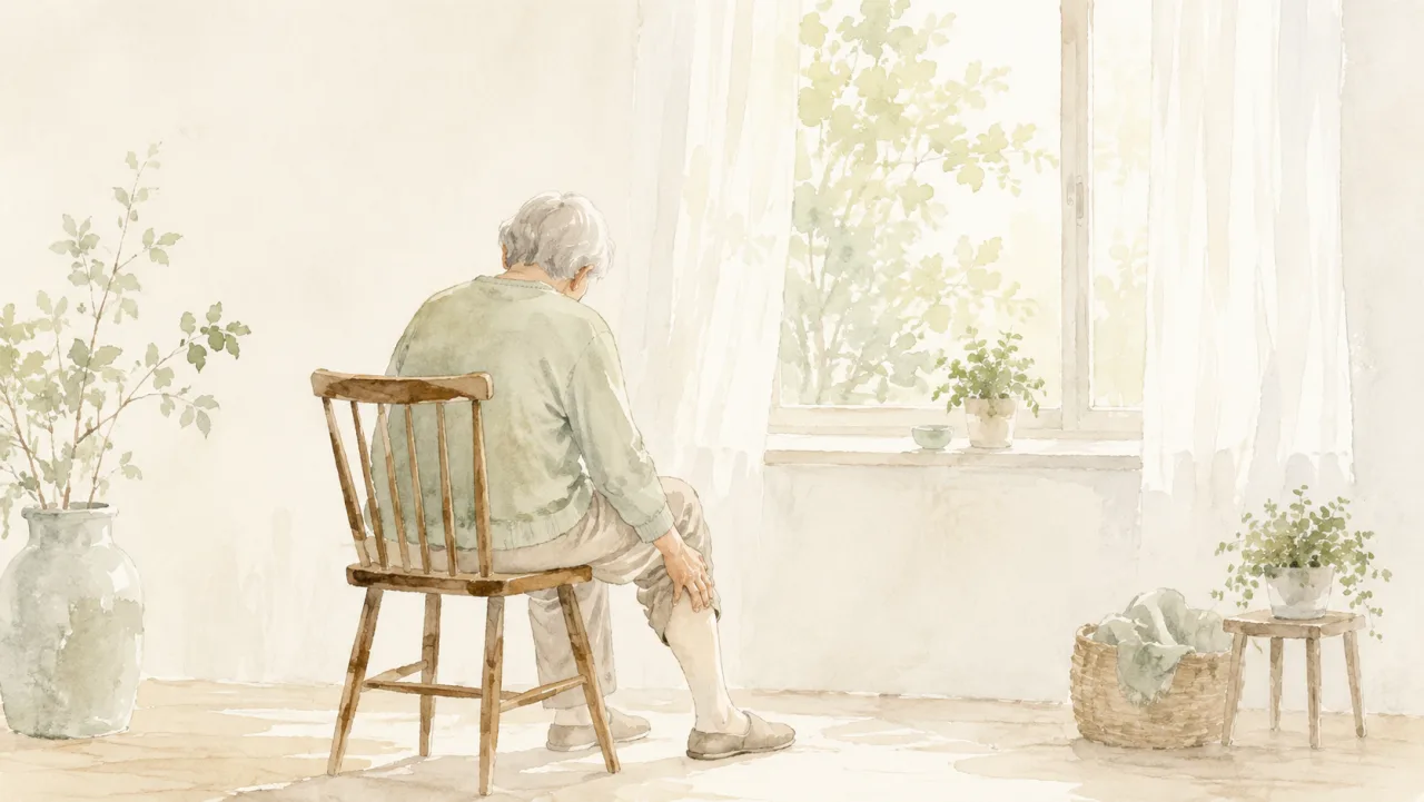 朝の窓辺のいすに腰かけて片方の脚にそっと手を添えている方の後ろ姿の水彩イラスト