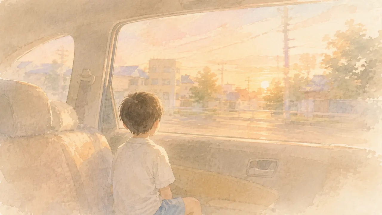 夕方、車の窓から外をながめている子どもの後ろ姿の水彩イラスト