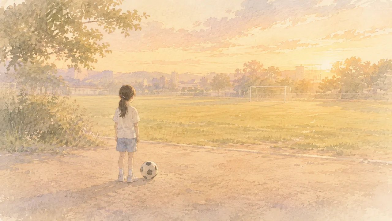 夕方のグラウンドのすみで、足もとにサッカーボールを置いて立っている女の子の後ろ姿の水彩イラスト