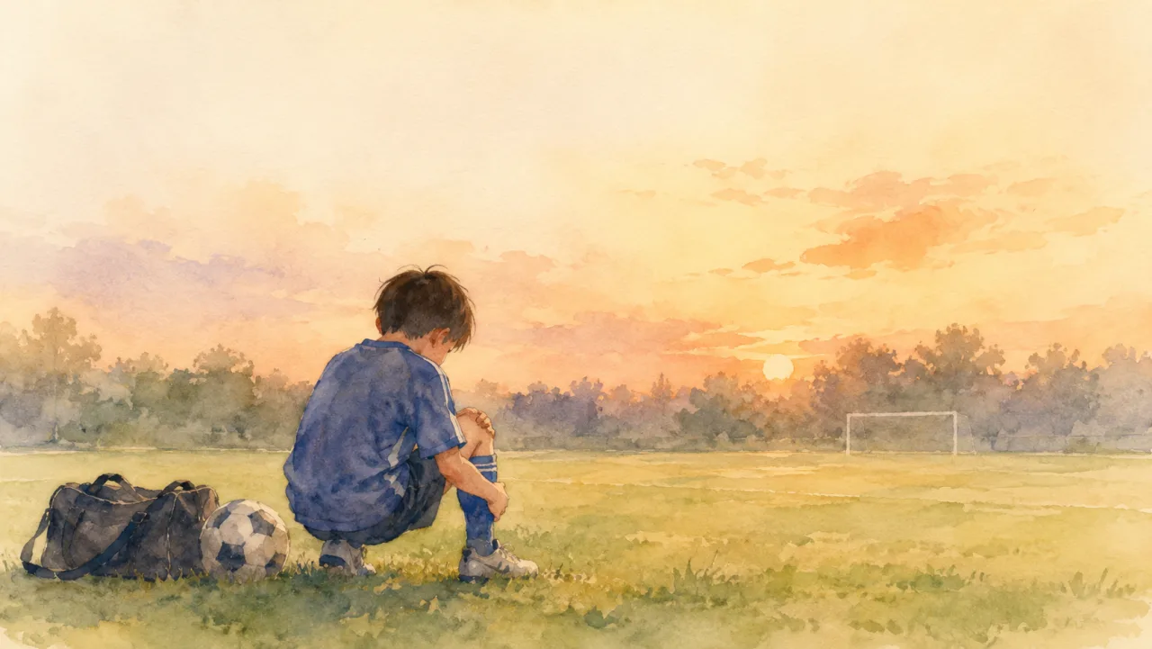 夕方のグラウンドのわきで、サッカーボールとバッグのそばにしゃがんで膝のあたりに手をやっている子どもの後ろ姿の水彩イラスト