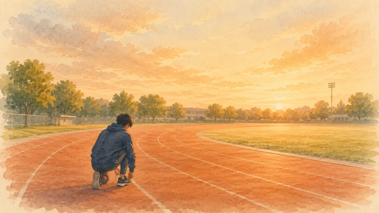 夕方のグラウンドのトラックのわきで、運動靴のひもを結び直している男の子の後ろ姿の水彩イラスト