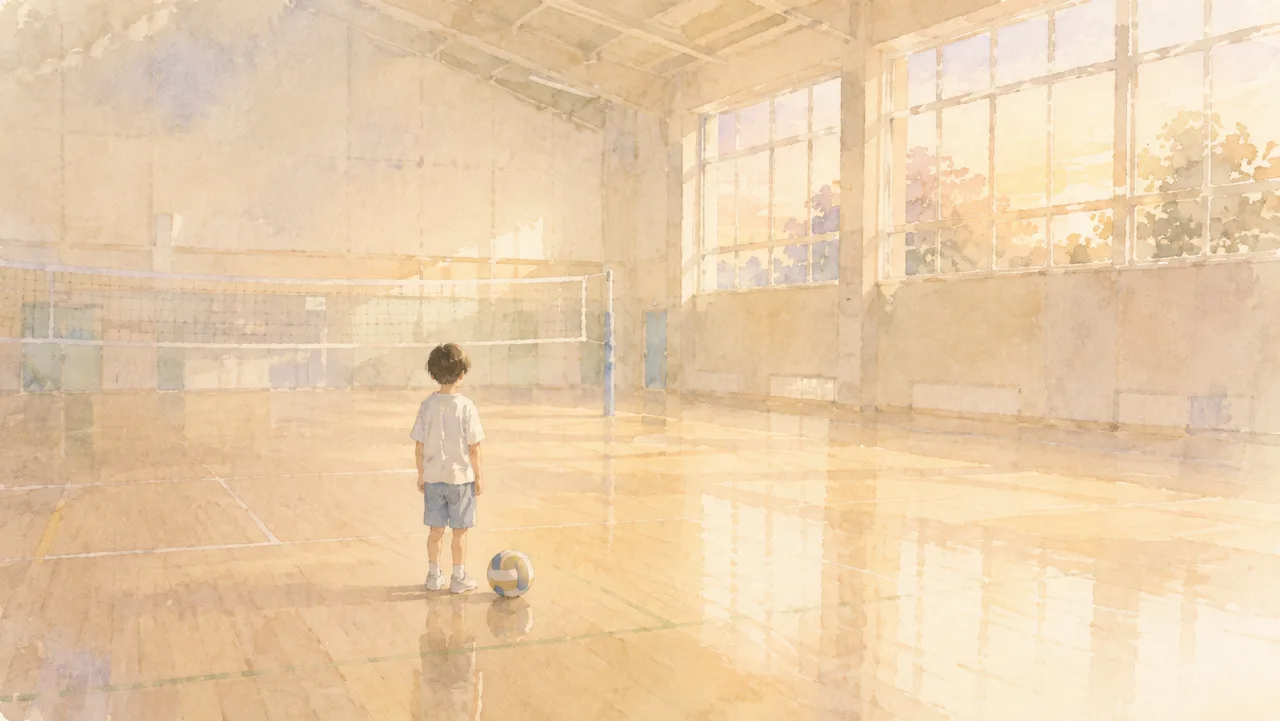 夕方の体育館で、バレーボールのそばに立っている子どもの後ろ姿の水彩イラスト