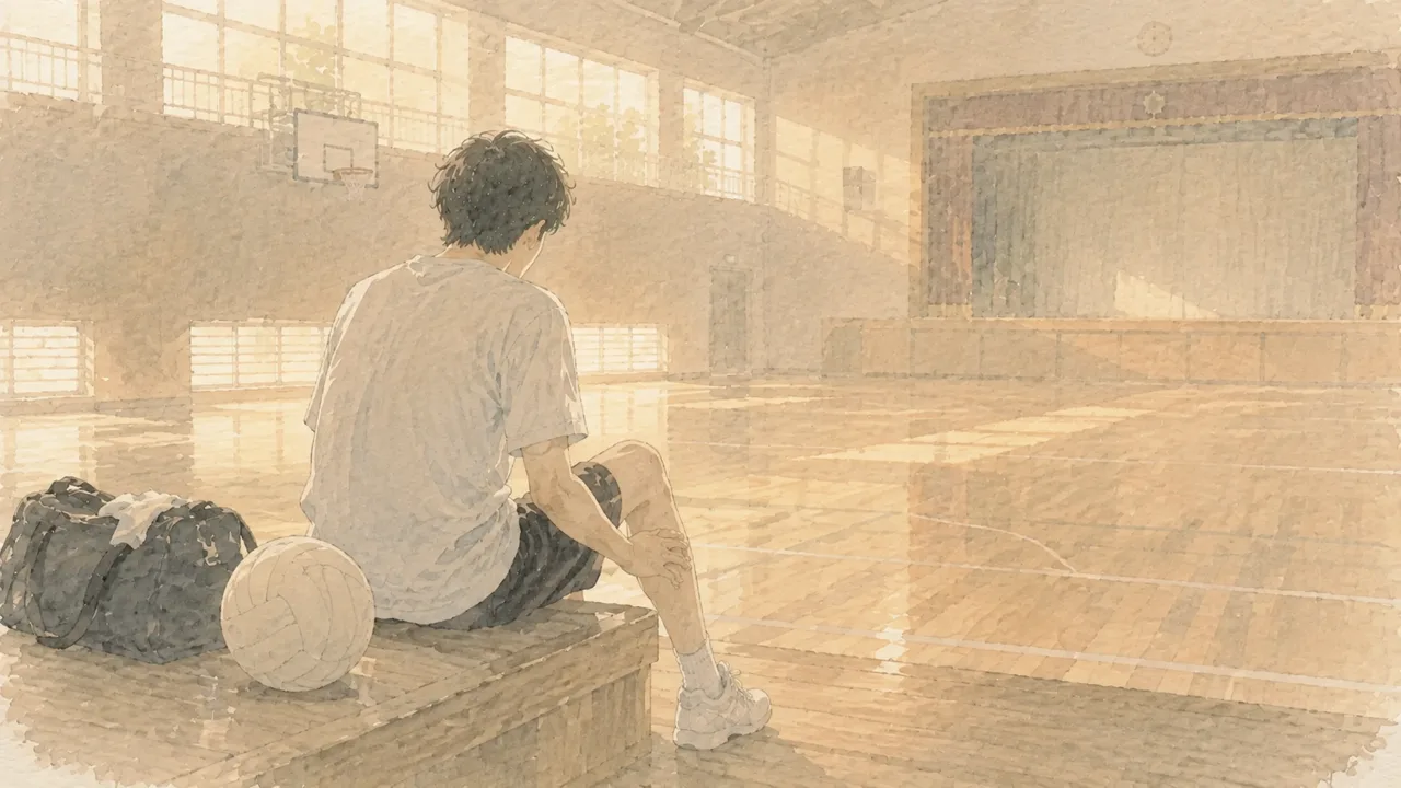 夕方の体育館で、ステージ前の段に腰かけて膝のお皿の下あたりに手をあてている中高生の後ろ姿の水彩イラスト