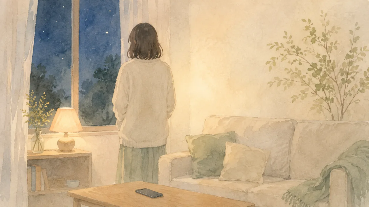 夜のリビングでやわらかな明かりのそばに立つ方の後ろ姿の水彩イラスト