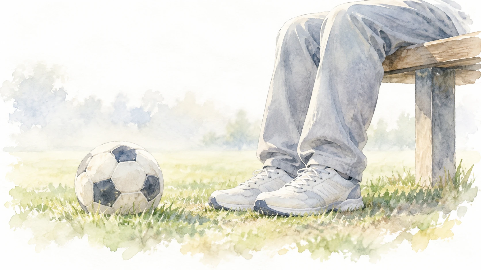 サッカーボールとベンチ付近の足元を描いた水彩の説明用イメージ