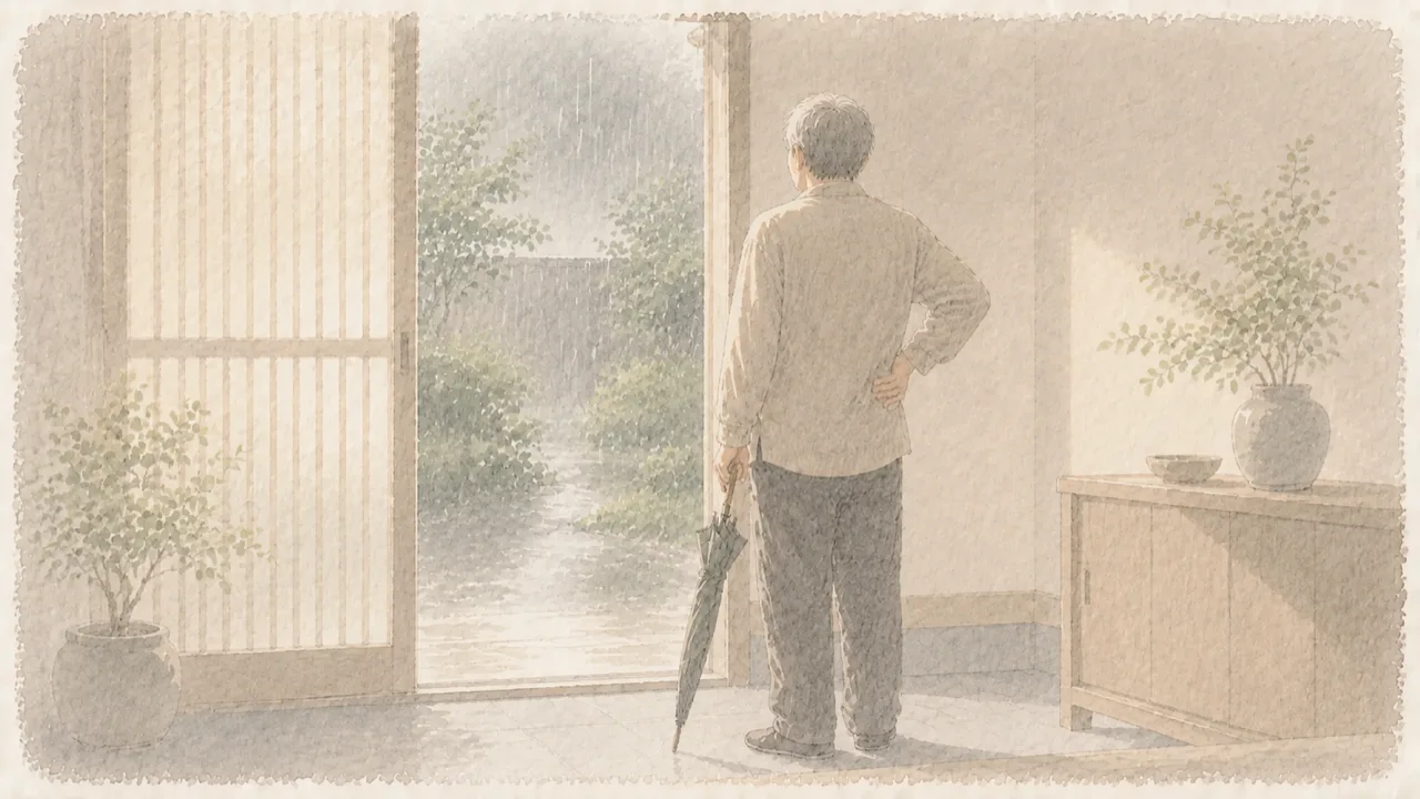 雨の日の玄関で、閉じた傘を手にして腰にそっと手をそえながら外の雨をながめている方の後ろ姿の水彩イラスト