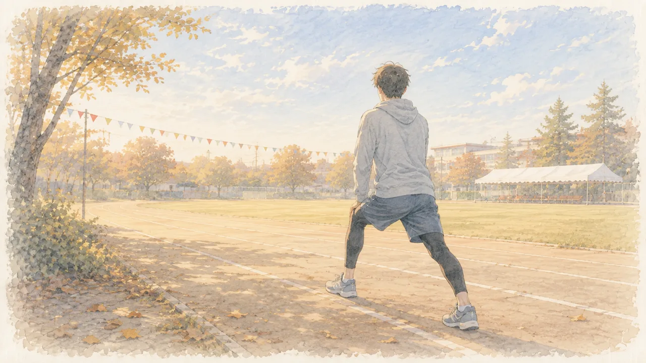 秋の運動場のトラックで、走り出す前に足を伸ばしている大人の後ろ姿の水彩イラスト