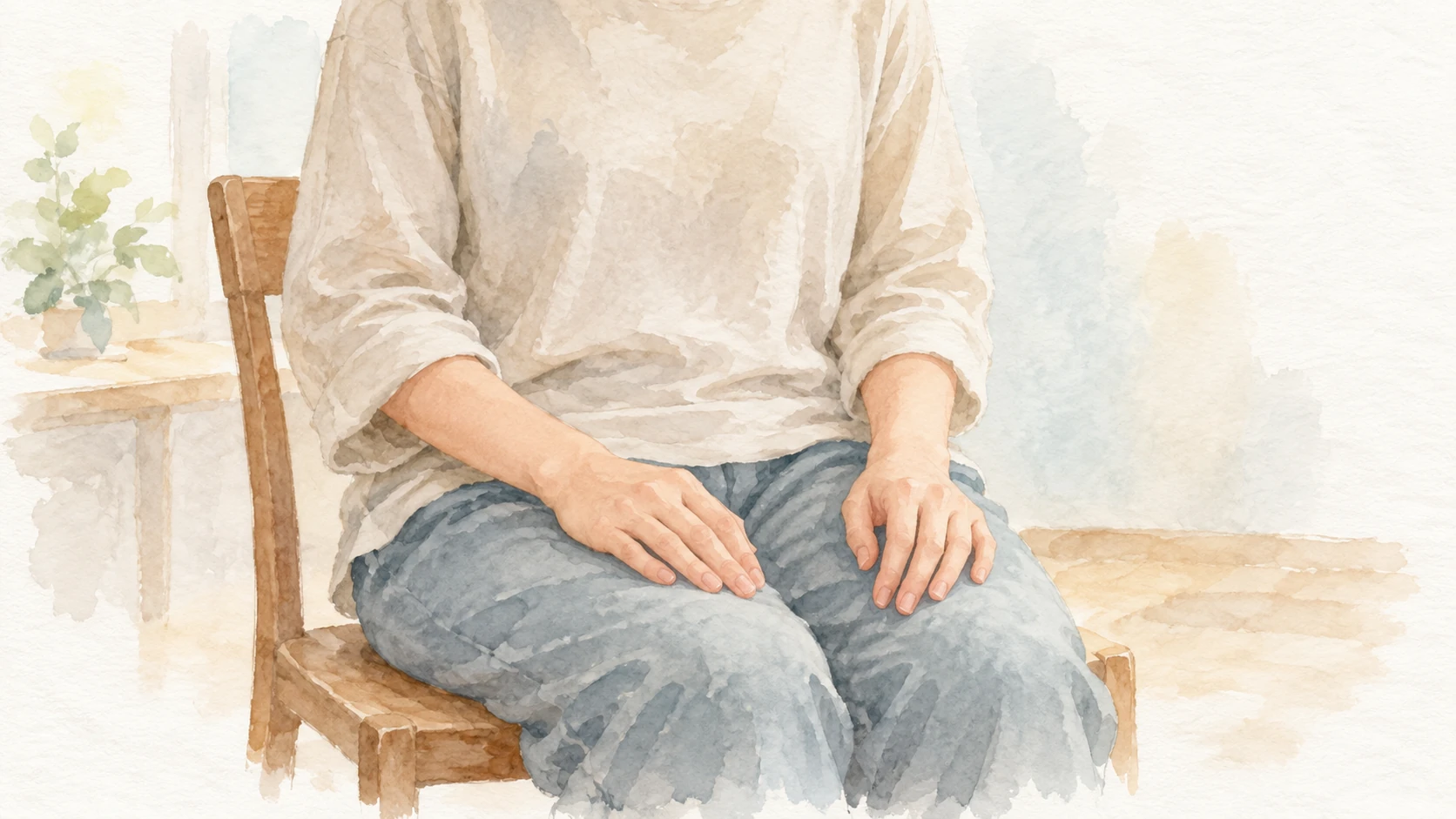 座った姿勢の肩と腰、手元を描いた水彩の説明用イメージ