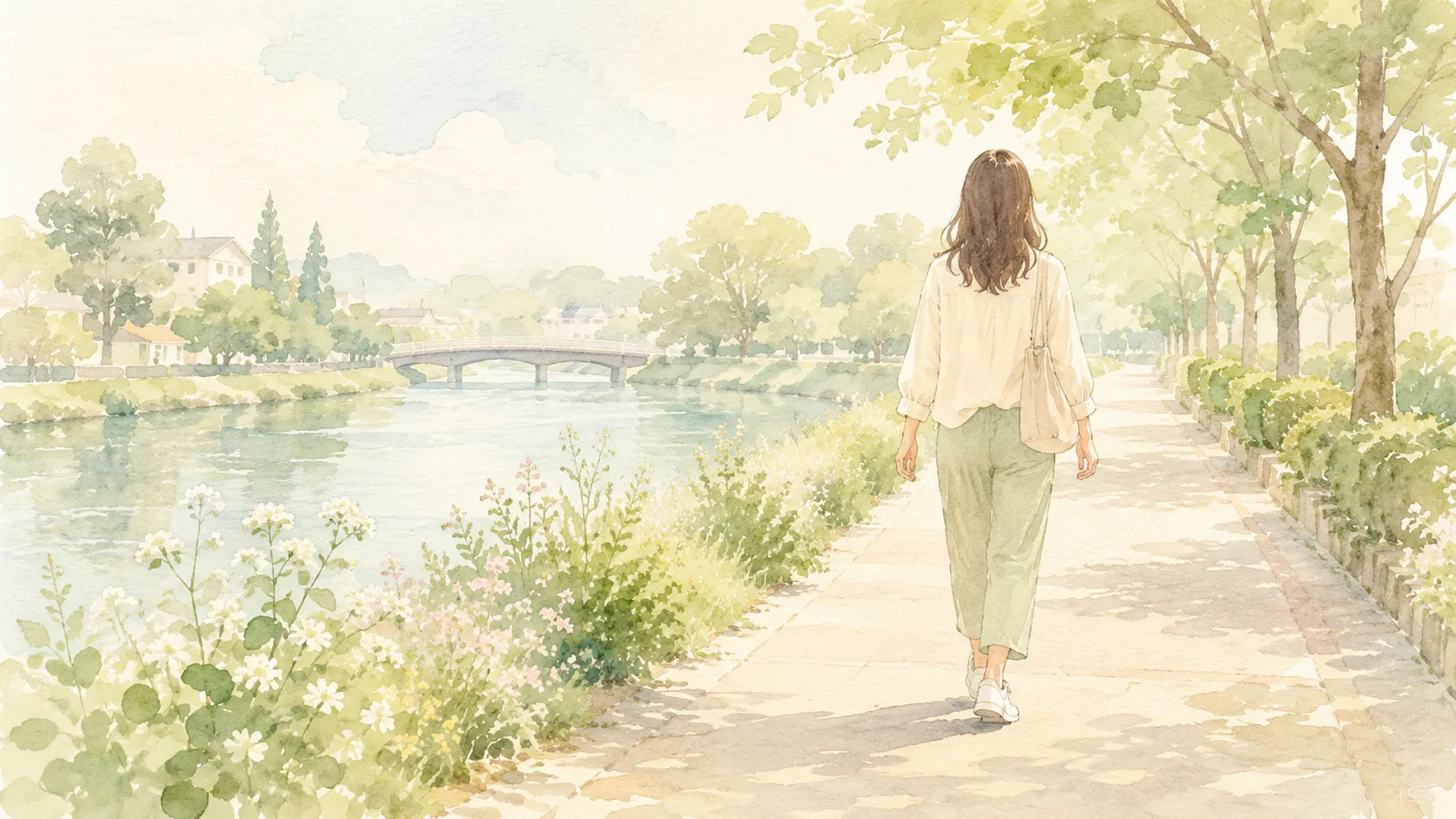 朝の公園を気持ちよく歩く人の水彩イラスト