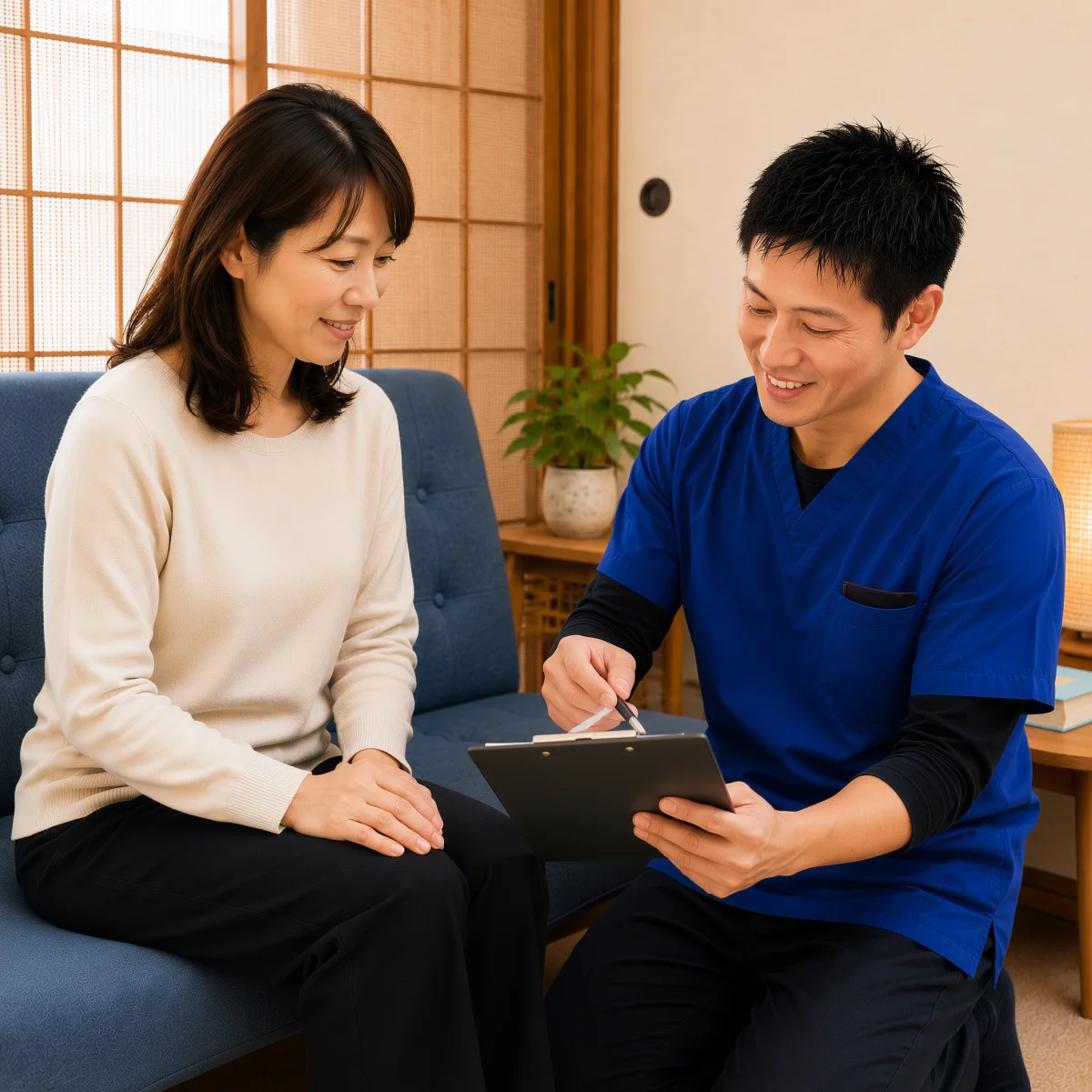 腰の不安について説明を受けながら相談する様子