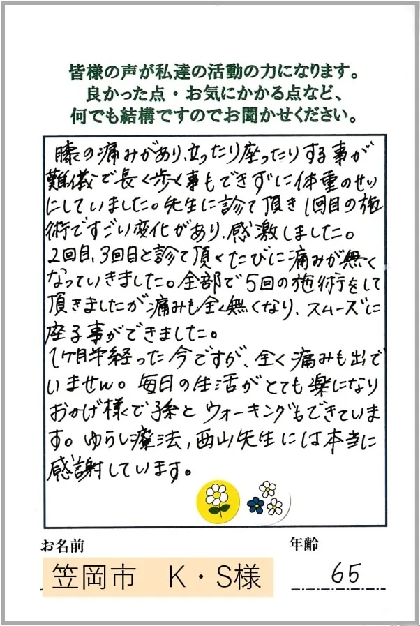 膝痛・半月板損傷でお悩みだったお客様からいただいた感謝のおハガキ 2
